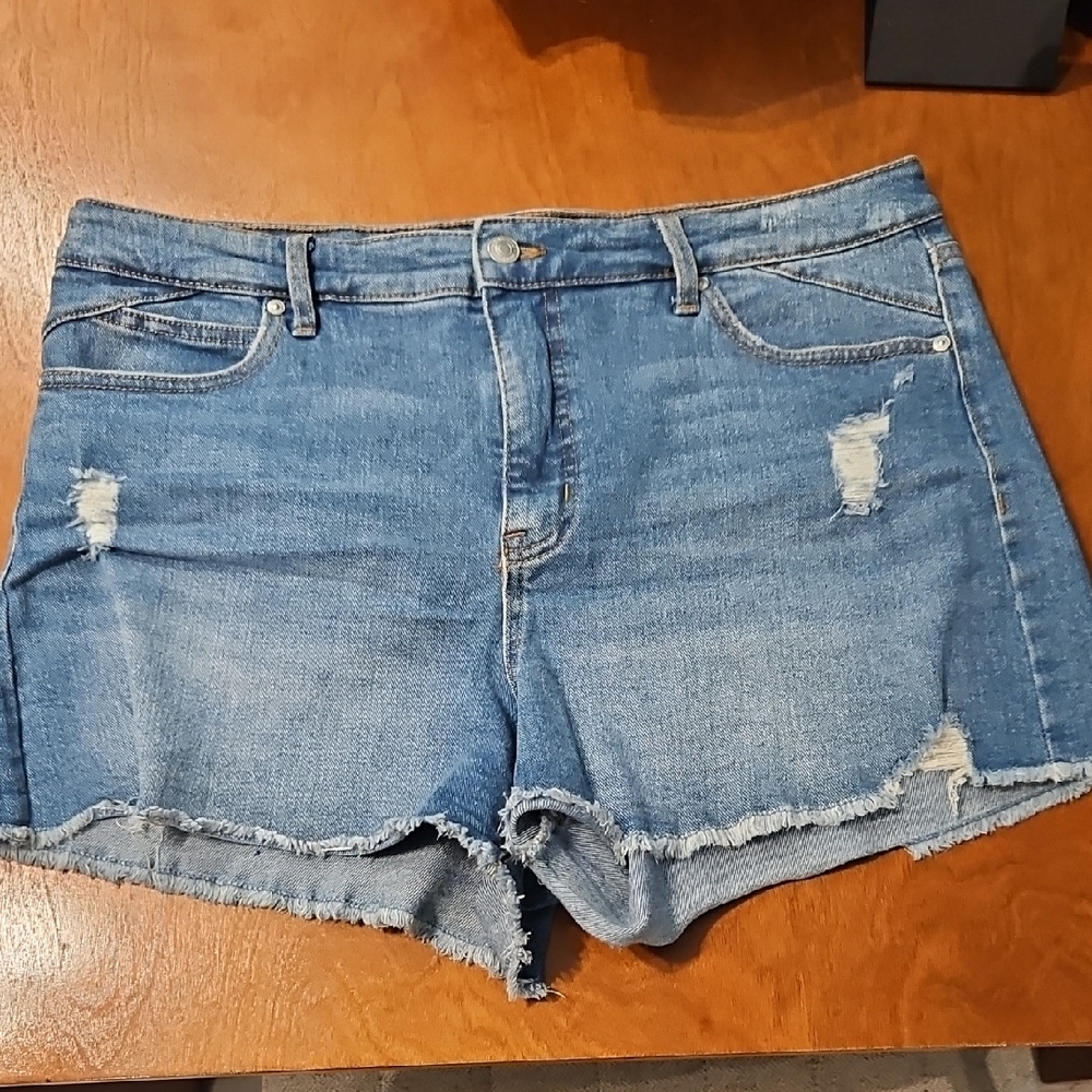 Blue Jean Shorts with Distressed Hem and Raw Cut Style